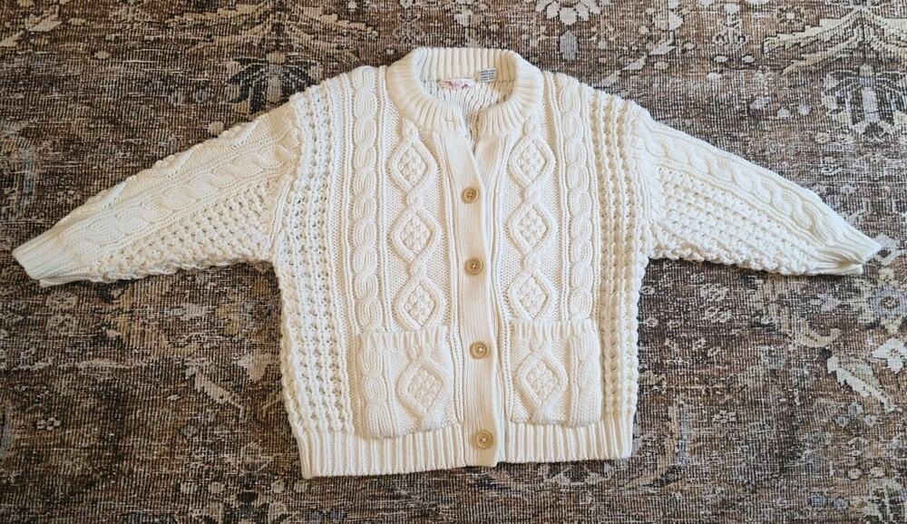 VTG Childrens Fisherman Knit Cardigan Sweater Natural Button Front Classic